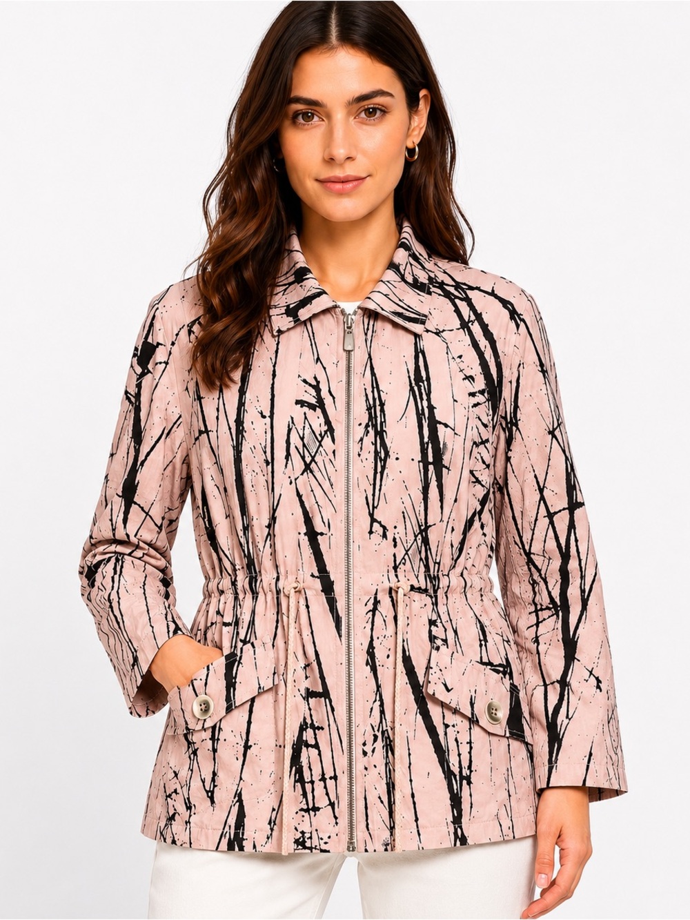 Baci Italy 100% Cotton Size Small Black Pink Print Oversized Utility Jacket
